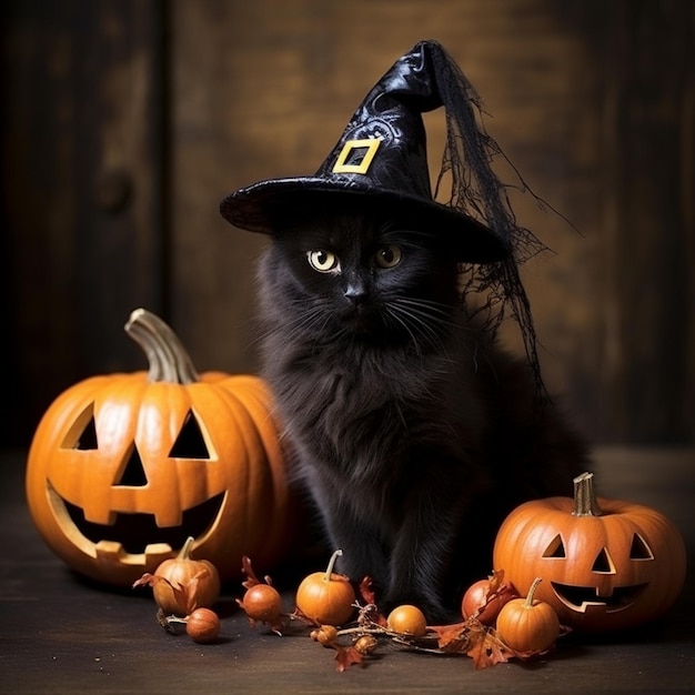 A black cat sits next to a pumpkin with a black cat on it.