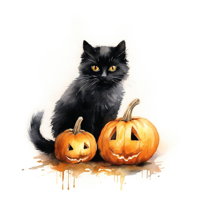 A black cat sits next to a pumpkin with a black cat sitting next to it