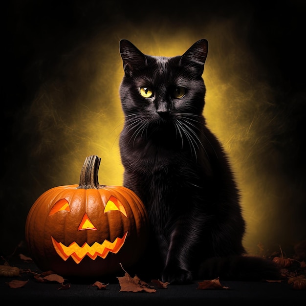 a black cat sits next to a pumpkin with a carved face