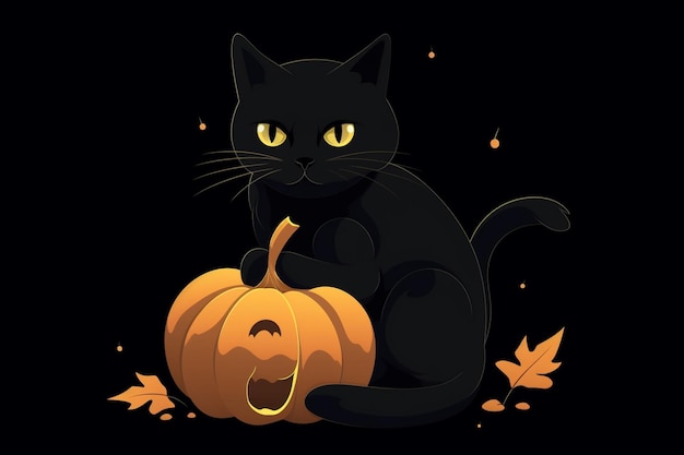 A black cat sits next to a pumpkin with a smiley face.