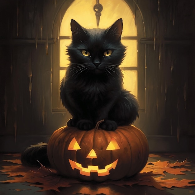 A black cat sits on a pumpkin with yellow eyes.