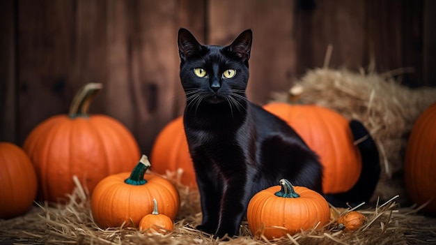 A black cat sits among pumpkins in a barn.