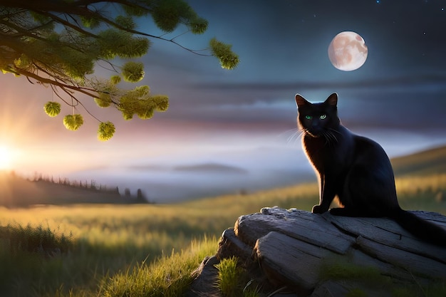 A black cat sits on a rock in a field with a full moon in the background.