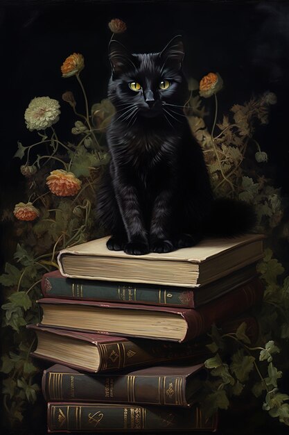 черная кошка сидит на стоге книг со словами " я кошка на вершине "