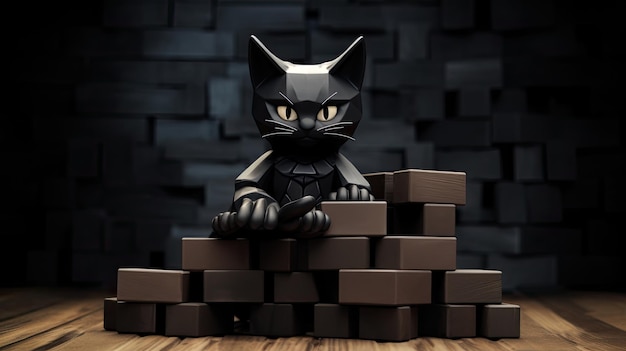 a black cat sits on a stack of bricks.