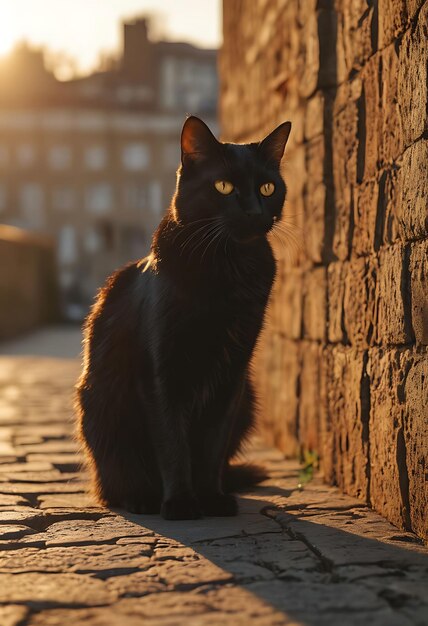 a black cat sits on a stone walkway in front of a building