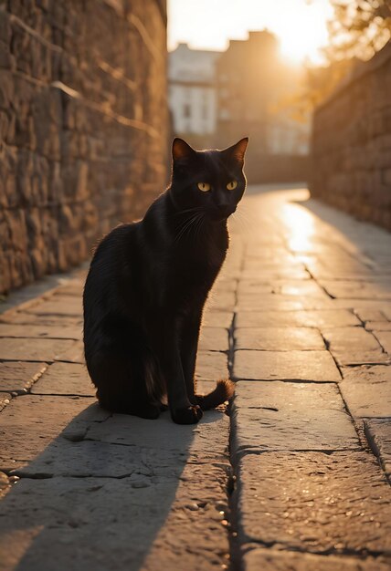 黒い猫が太陽の下の石の歩道に座っている