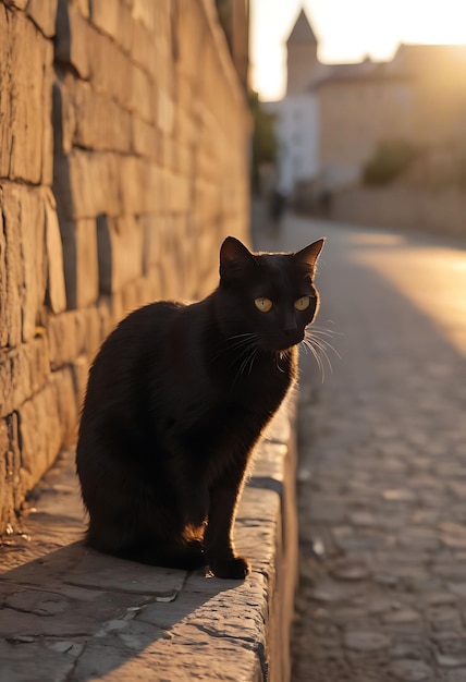 黒い猫が太陽の下の石の壁に座っている