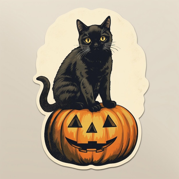 a black cat sits on top of a pumpkin with a picture of a black cat on it.