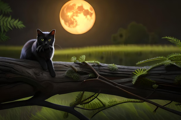 A black cat sits on a tree branch in front of a full moon.