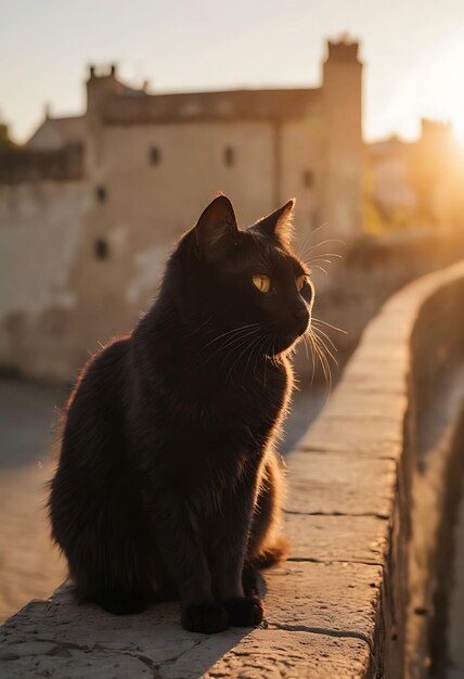 a black cat sits on a wall and looks at the sun