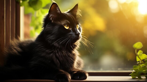 Photo a black cat sits on the windowsill and looks out the window