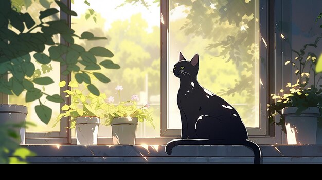 Photo a black cat sits on the windowsill and looks out the window