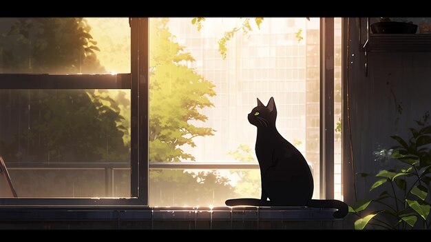 Photo a black cat sits on the windowsill and looks out the window