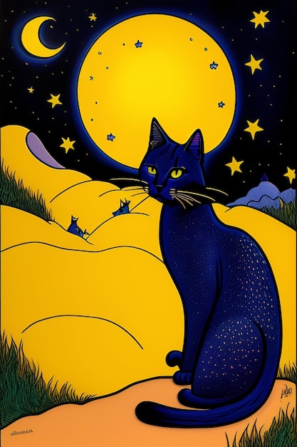 A black cat sits on a yellow hill with the moon in the background