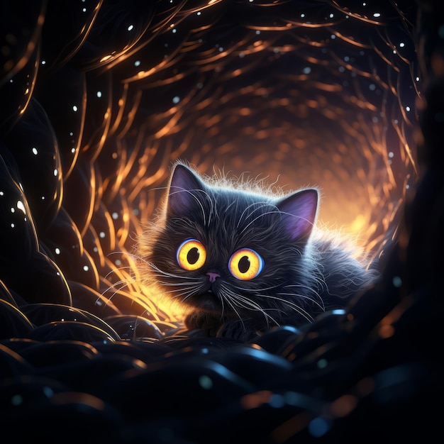Foto un gatto nero seduto in un tunnel buio con gli occhi luminosi