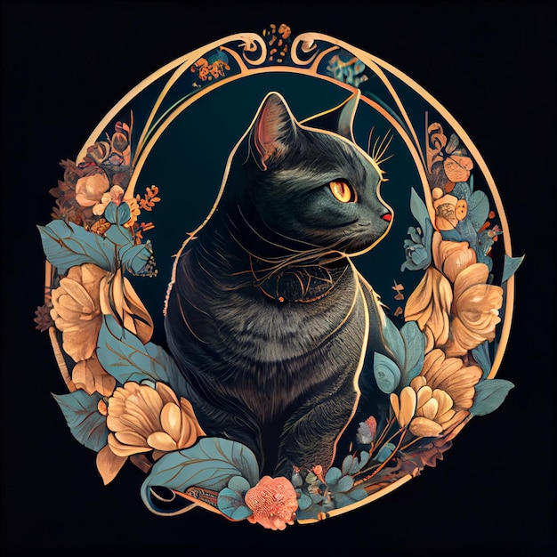 Black cat sitting in a floral frame generative ai