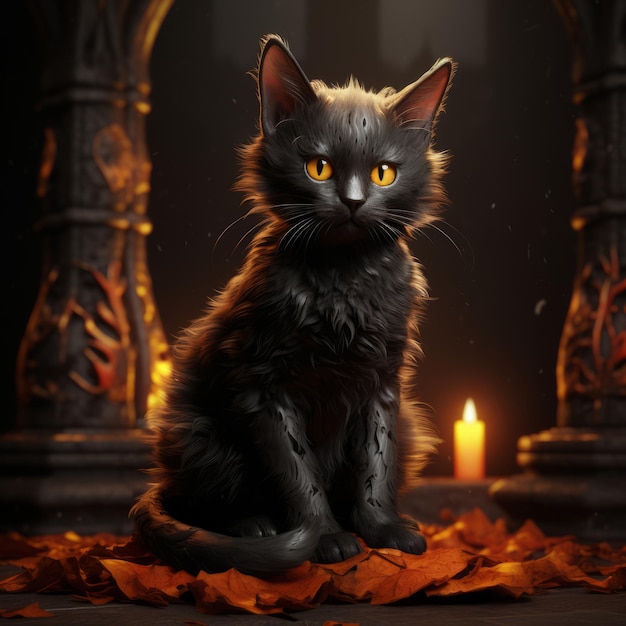 a black cat sitting in front of candles