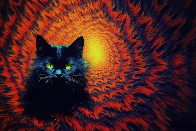 a black cat sitting in front of a red and orange background