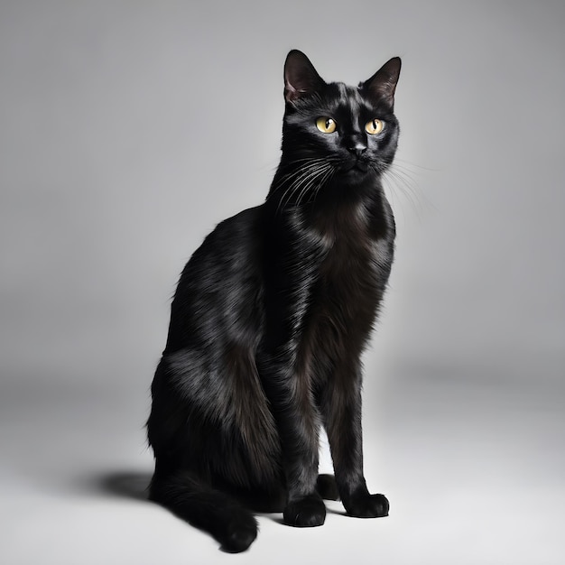 black cat sitting in front of white wall