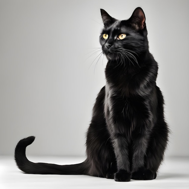 черная кошка сидит перед белой стеной