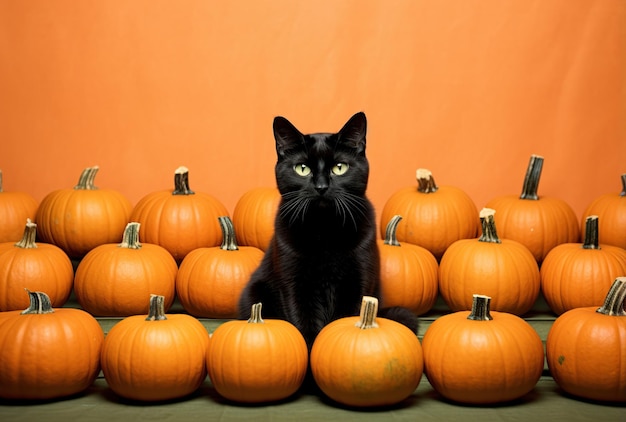 Black cat sitting among orange pumpkins on an orange background Halloween theme