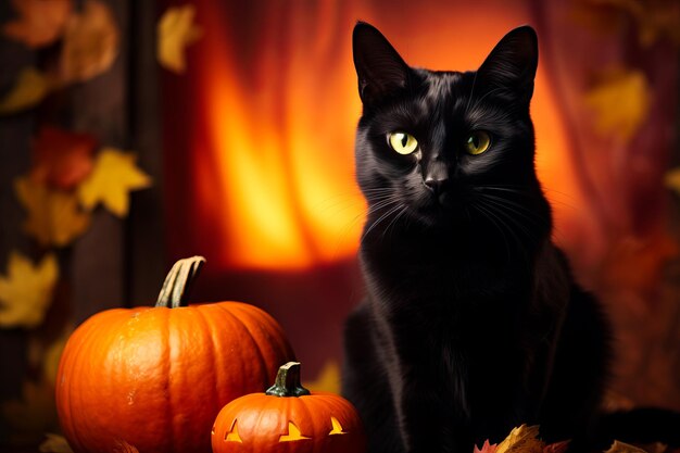 Black cat sitting next to pumpkin and couple of jack o lantern pumpkins Generative AI