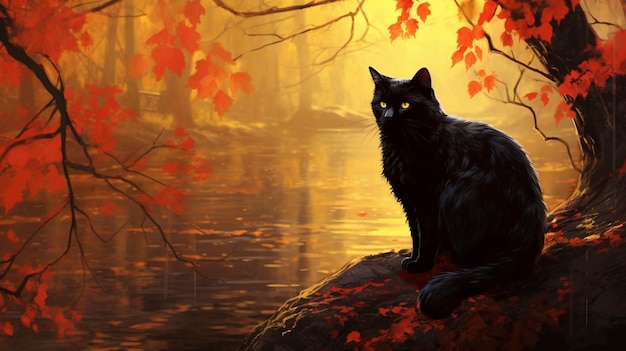 Black cat sitting on a rock in the autumn forest Digital painting