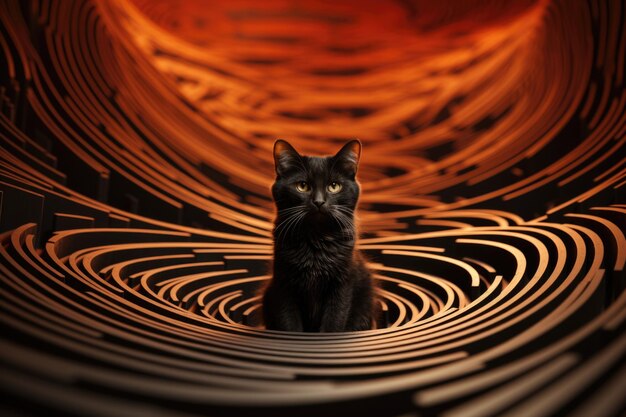 Photo a black cat sitting in a spiral tunnel ai