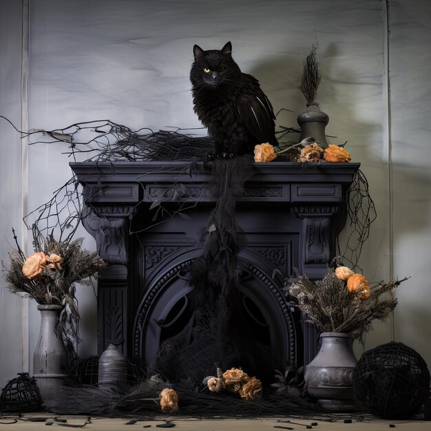 a black cat sitting on top of a fireplace with pumpkins and other halloween decorations in front of the fireplace