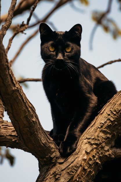 a black cat sitting on top of a tree branch