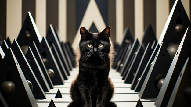 Black cat sitting on top of white and black table Generative AI