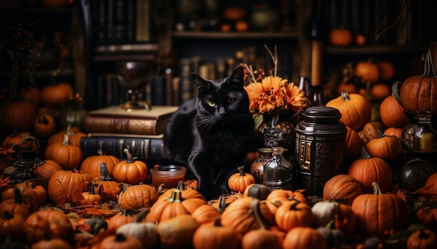 Photo a black cat sitting on the vintage table and surrounded by witchcraft and pumpkins