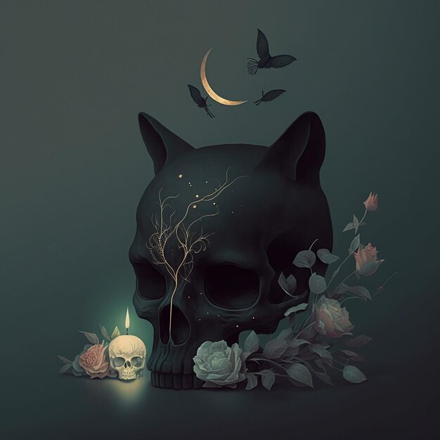 black cat and skull Witchy Vibes the background