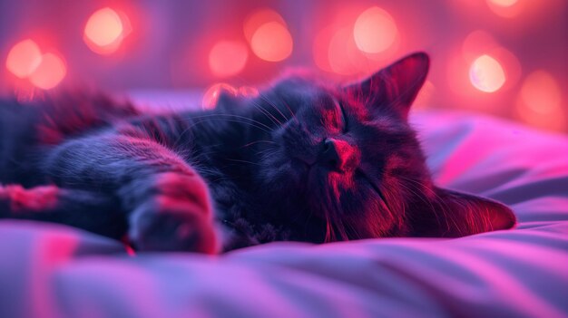 Photo a black cat sleeping on the bed studio neon light