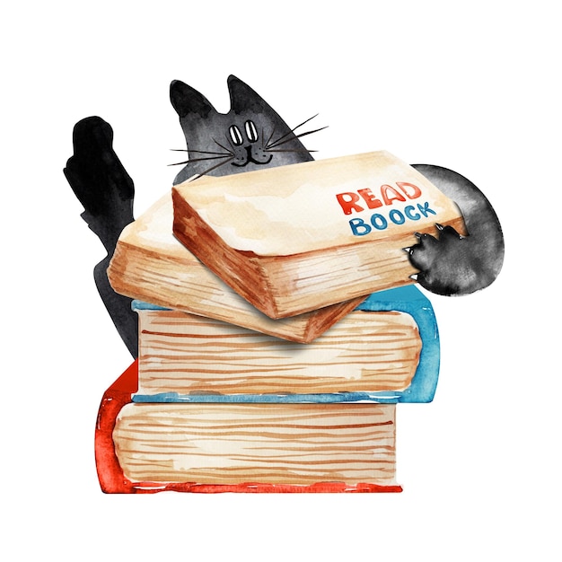 Black cat and stack of books watercolor illustration