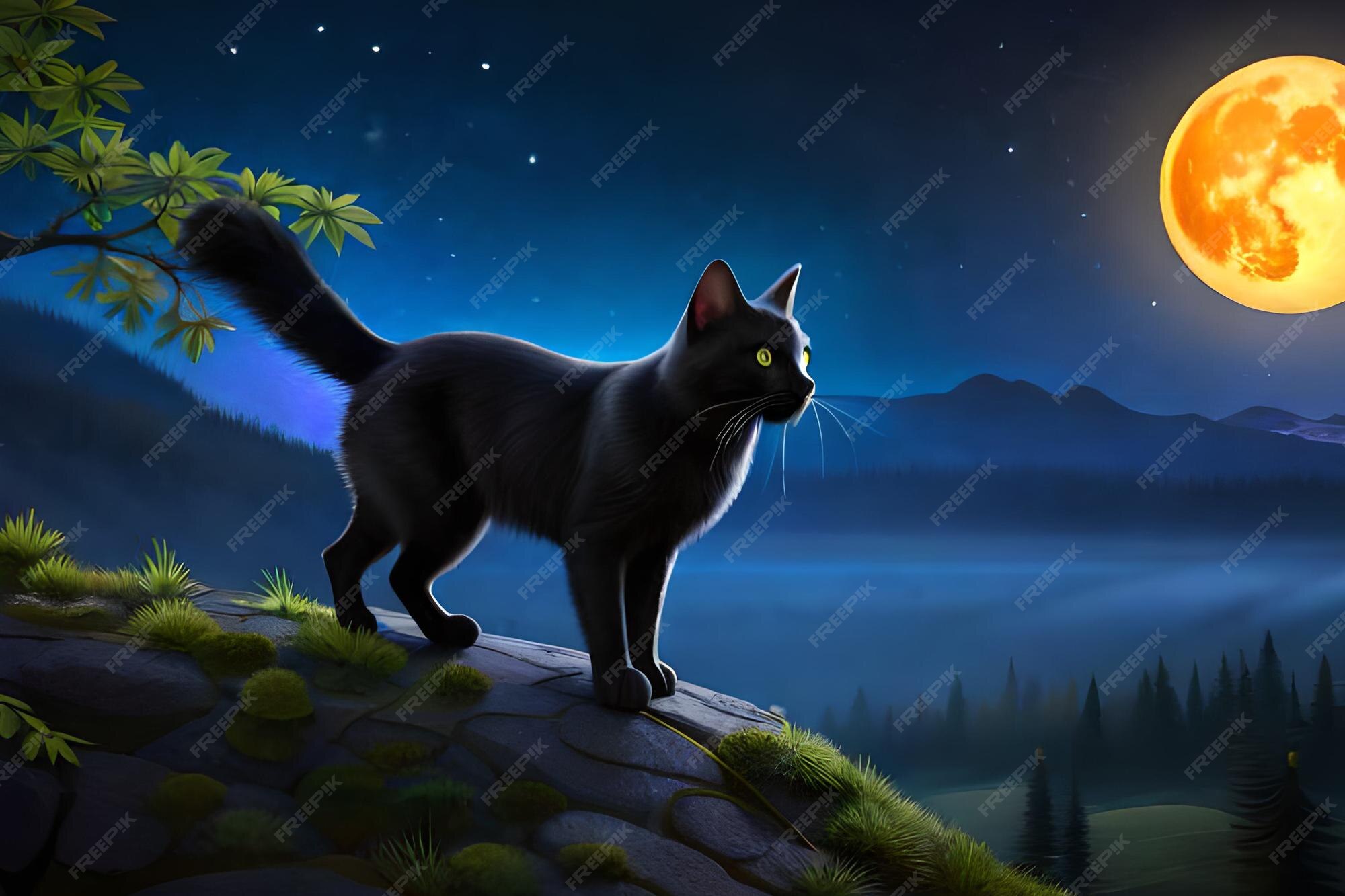 Premium Photo A Black Cat Stands On A Hill In Front Of A Moonlit Night premium-photo-a-black-cat-stands-on-a-hill-in-front-of-a-moonlit-night