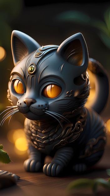 a black cat statue with yellow eyes and a gold ring around its eyes