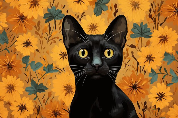 Black cat straight look on vintage minimal background