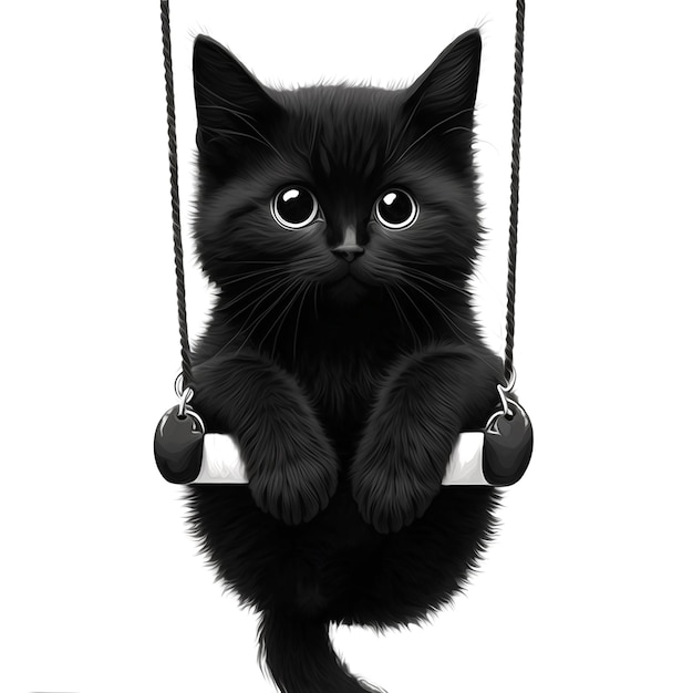 A black cat on a swing with a white handle.