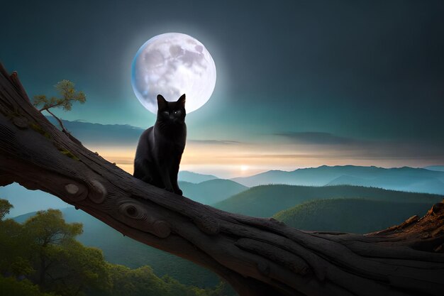 Black cat on a tree branch with the moon in the background