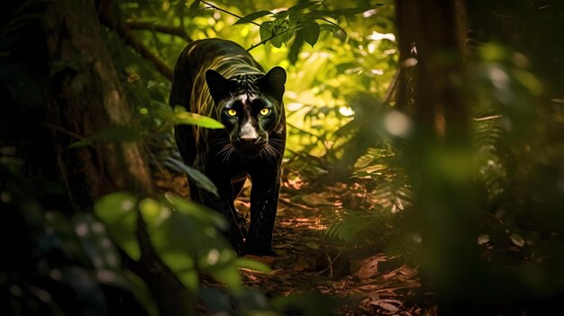 Photo a black cat walking through the woods with a backpack on its back