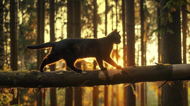 森に吊るされた木の幹の上を歩く黒い猫