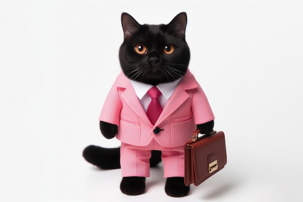 Photo black cat wear pink business suit on a white background