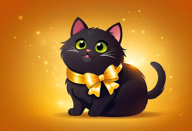 Black cat wearing golden bow isolated