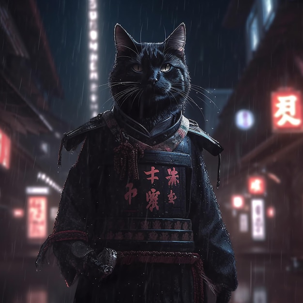 日本の武士の衣装を着た黒猫