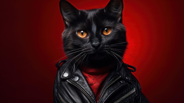 가죽 재킷을 입은 검은 고양이.