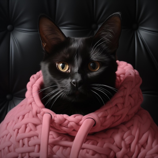 Black cat wearing a pink turtle neck sweater