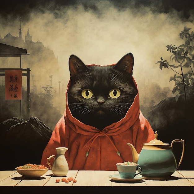 a black cat wearing a red coat sits on a table with a teapot and a teapot.