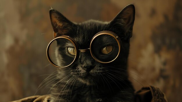 A black cat wearing steampunk goggles is looking at the camera with a curious expression The cat is sitting in a dark room with a brown background